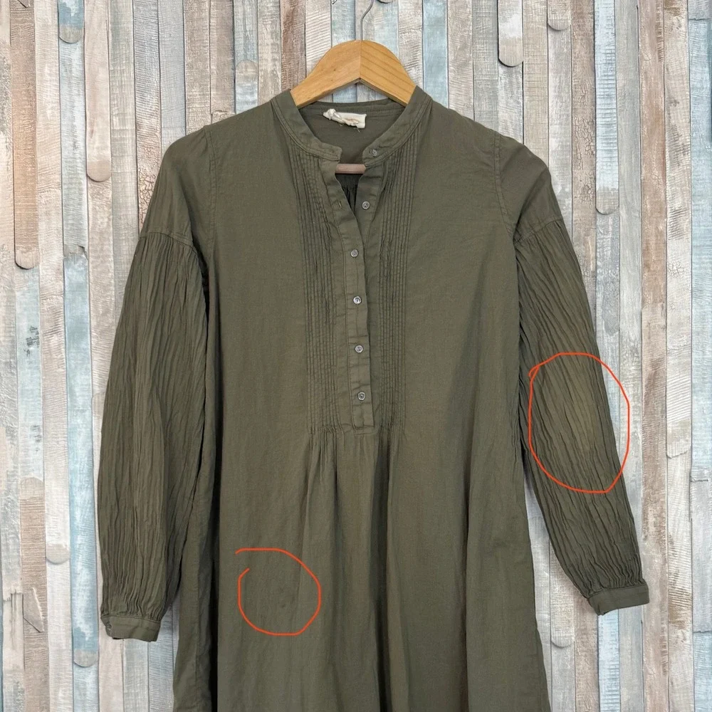 Nili Lotan XS Olive 100% Cotton Pleated Pintucked Tunic Mini Dress Boho Made USA